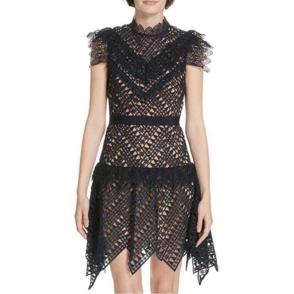SELF-PORTRAIT Navy Handkerchief Hem Lace Dress